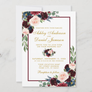 Invitation Aquarelle Burgundy Bleu Floral Mariage W