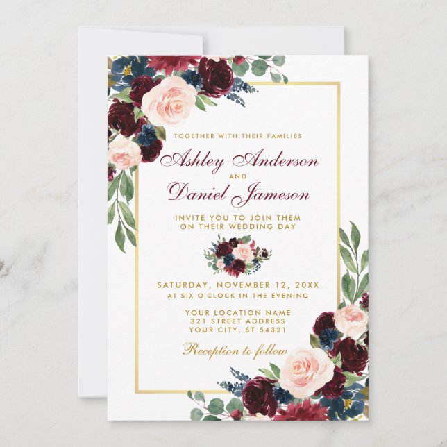 Invitation Aquarelle Burgundy Bleu Floral Or Mariage W (Devant)