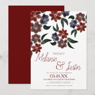 Invitation Aquarelle Burgundy Bleu Plush rose Mariage Floral