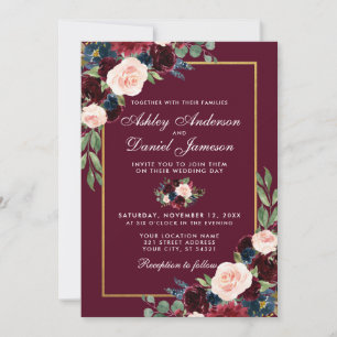 Invitation Aquarelle Burgundy Blue Floral Gold Frame Mariage