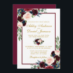 Invitation Aquarelle Burgundy Blue Floral Mariage<br><div class="desc">Elégante aquarelle Bourgogne et bleu Faire-part de mariage or floral - Script or,  cadre bordeaux,  retour bordeaux</div>