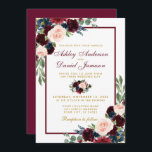 Invitation Aquarelle Burgundy Blue Floral Mariage B<br><div class="desc">Elégante aquarelle Bourgogne et bleu Faire-part de mariage or floral - Script or et bordeaux,  cadre bordeaux,  retour bordeaux</div>