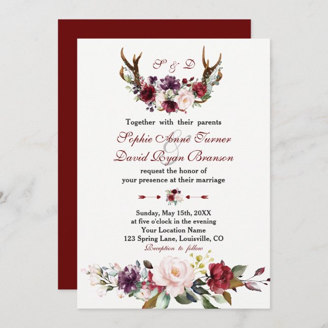 Invitation Aquarelle Burgundy Blush Floral Antlers Mariage (Devant / Derrière)