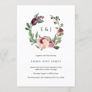 Invitation Aquarelle Burgundy Blush Floral Wreath Mariage