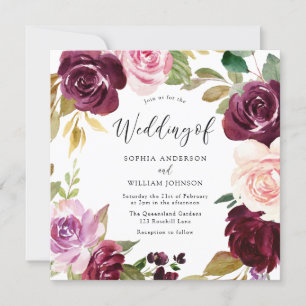 Invitation Aquarelle Burgundy Blush Floral Wreath Mariage