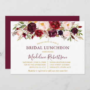 Invitation Aquarelle Burgundy Floral Gold Bride déjeuner