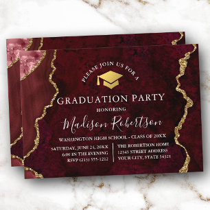 Invitation Aquarelle Burgundy Marble Gold Casquette Grad Part