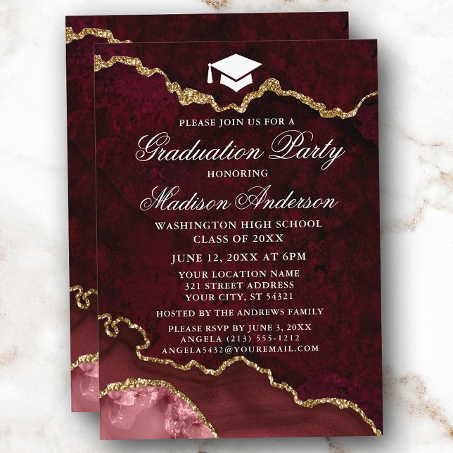 Invitation Aquarelle Burgundy Marbre Agate Party (Customize to change text size, style or to add more text or photos to back of card.)