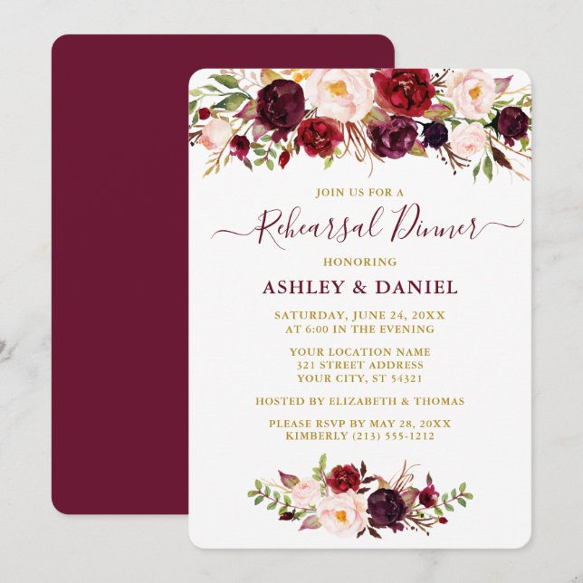 Invitation Aquarelle Burgundy Rose Floral Or Répétition (Devant / Derrière)