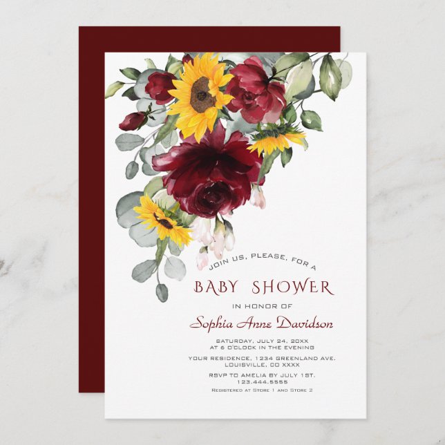 Invitation Aquarelle Burgundy Sunflowers Gold Baby shower (Devant / Derrière)