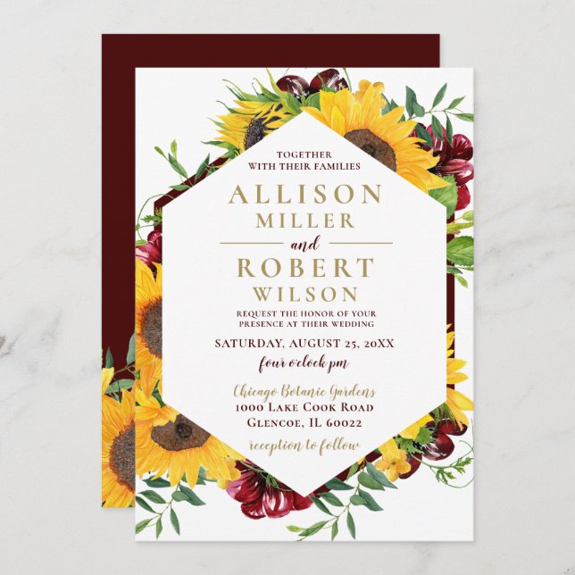 Invitation Aquarelle Burgundy Tournesol Rustique Mariage (Devant / Derrière)