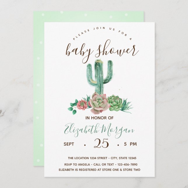 Invitation Aquarelle Cactus Baby shower de points succulents (Devant / Derrière)
