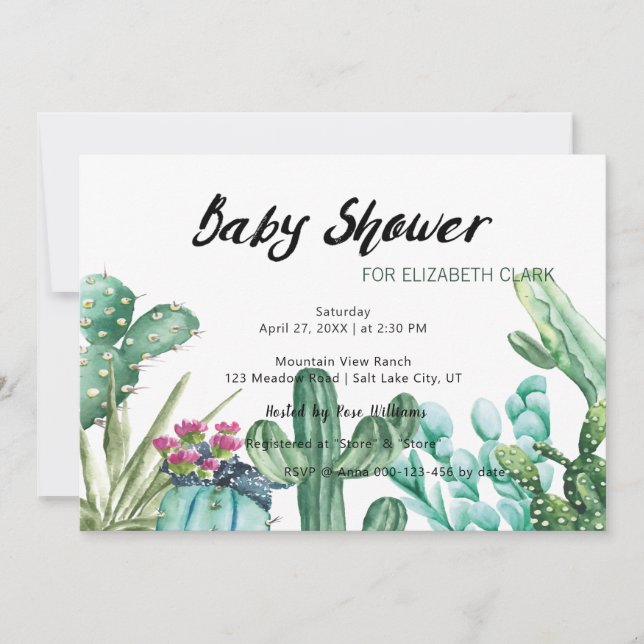 Invitation Aquarelle Cactus & Baby shower Succulent  (Devant)