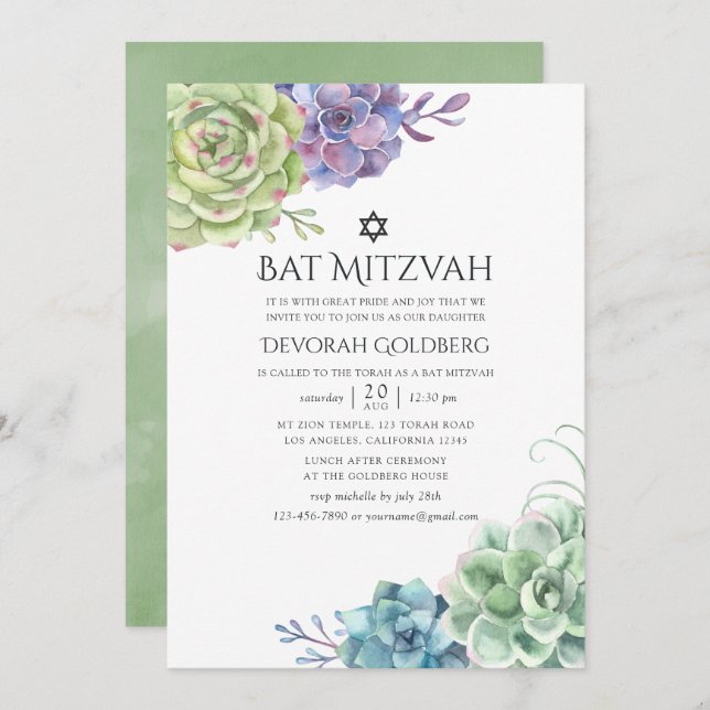 Invitation Aquarelle Cactus Bat mitzvah de succulents (Devant / Derrière)