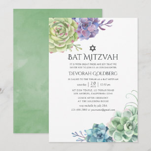 Invitation Aquarelle Cactus Bat mitzvah de succulents