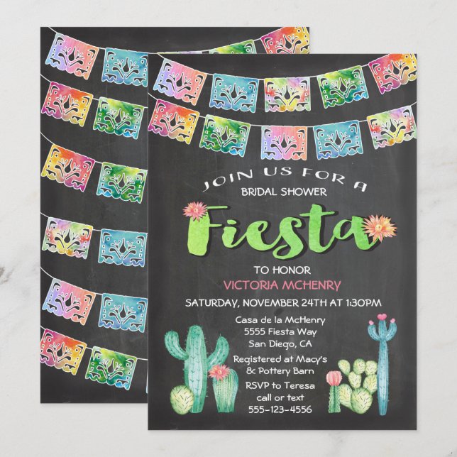 Invitation Aquarelle Cactus Fête des mariées mexicaine Fiesta (Devant / Derrière)