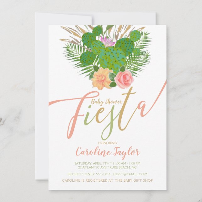 Invitation Aquarelle Cactus Fiesta Baby shower Floral (Devant)