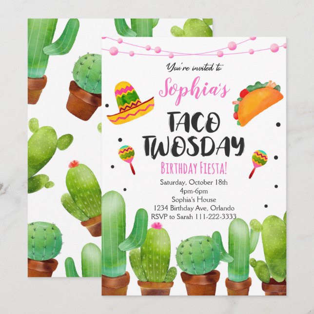 Invitation aquarelle Cactus Fiesta Taco Twosday (Devant / Derrière)