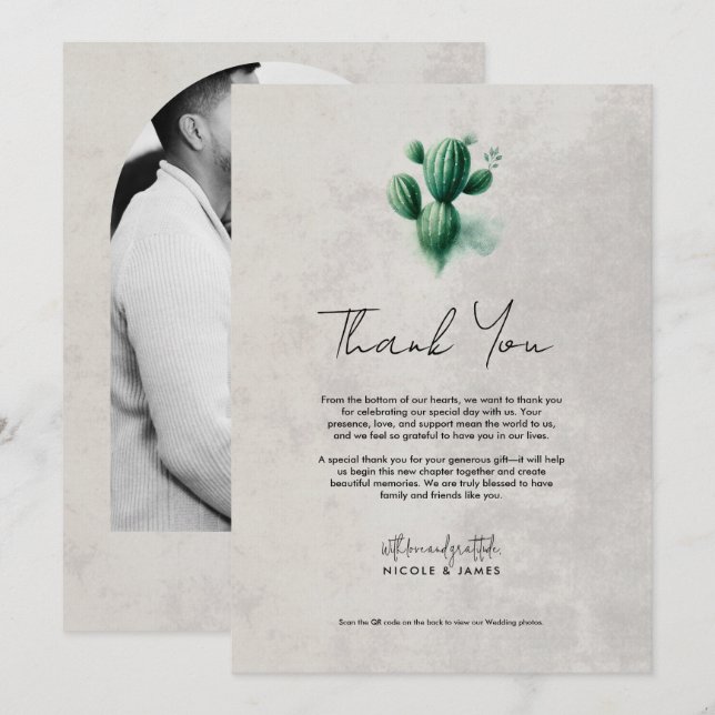 Invitation Aquarelle Cactus Gris Vert Remerciements de Mariag (Devant / Derrière)