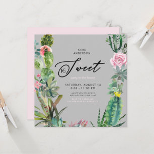 Invitation Aquarelle Cactus rose et gris doux 16 Anniversaire