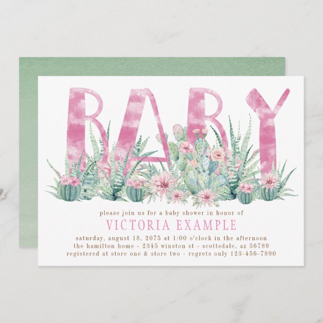 Invitation Aquarelle Cactus Succulent bébé fille douche (Devant / Derrière)