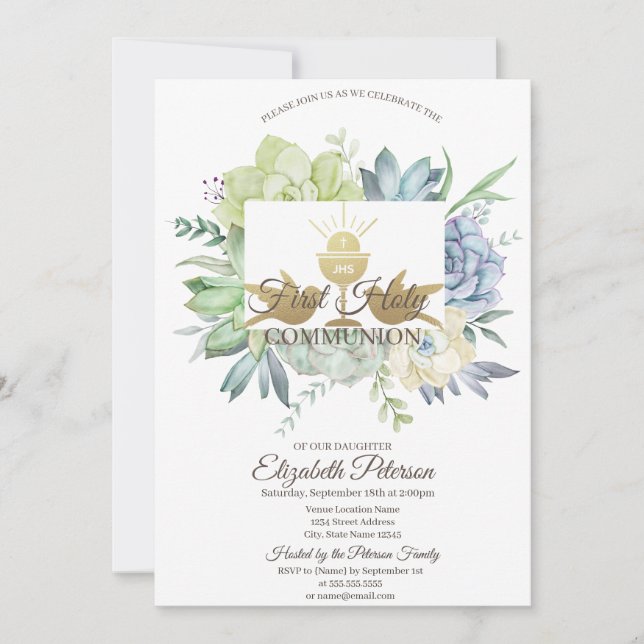 Invitation Aquarelle Cactus Succulent Première Sainte Communi (Devant)