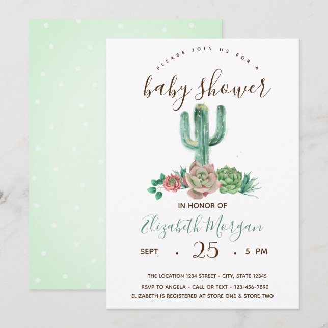 Invitation Aquarelle Cactus Succulente Points Fête de Naissan (Devant / Derrière)