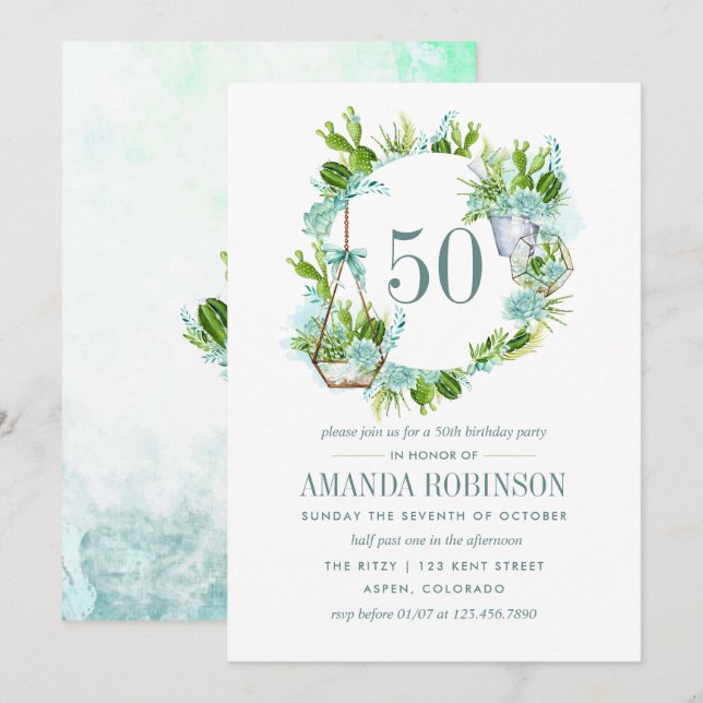 Invitation Aquarelle Cactus Succulentes Désert 50e Anniversai (Devant / Derrière)