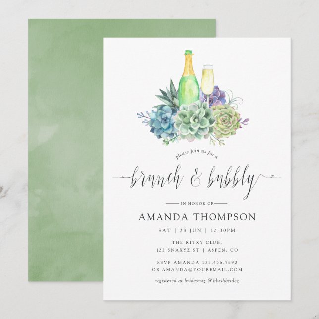 Invitation Aquarelle Cactus Succulents Brunch et Bubbly (Devant / Derrière)