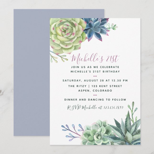 Invitation Aquarelle Cactus Succulents Désertiques 21e Annive (Devant / Derrière)
