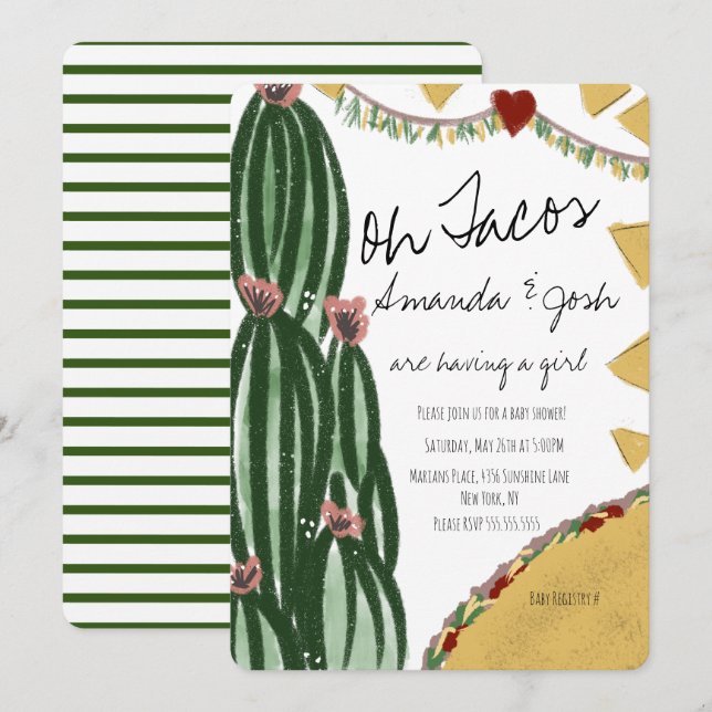 Invitation Aquarelle Cactus Taco Artsy Baby shower de verdure (Devant / Derrière)