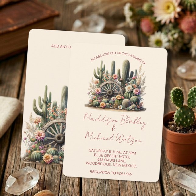 Invitation Aquarelle Cactus & Wagon Wheel Rustique Mariage (Créateur téléchargé)
