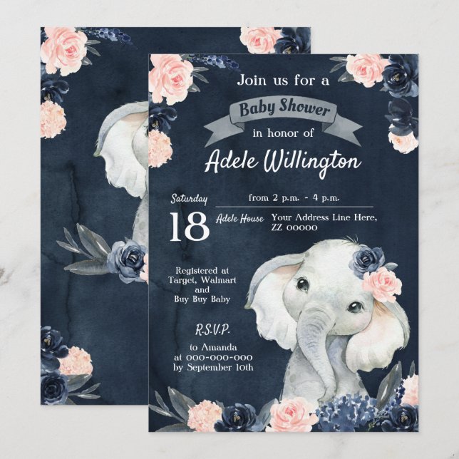 Invitation Aquarelle cadeau éléphant Floral Navy rose bébé (Devant / Derrière)