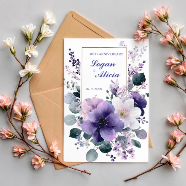 Invitation Aquarelle Cadre Doré Fleurs Blanches Violettes Élé (Créateur téléchargé)