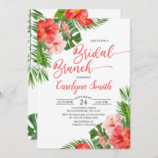 Invitation Aquarelle Cadre floral Tropical Bridal Brunch (Devant / Derrière)
