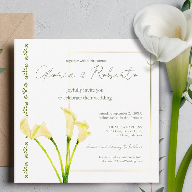 Invitation Aquarelle Calla Lily avec Mariage de cadre or (Créateur téléchargé)