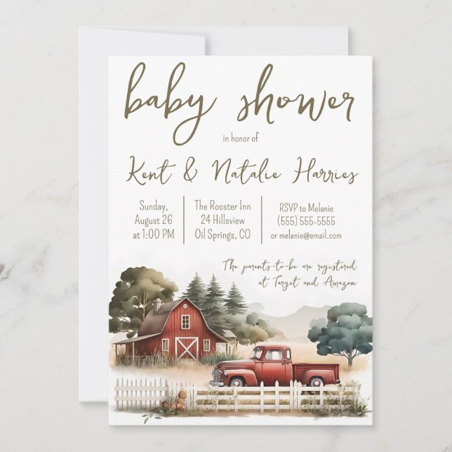 Invitation Aquarelle, Camion, Baby shower paysager (Devant)