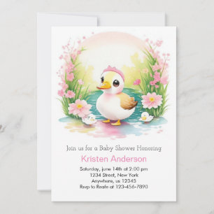Invitation Aquarelle Canard mignon Baby shower rose fille
