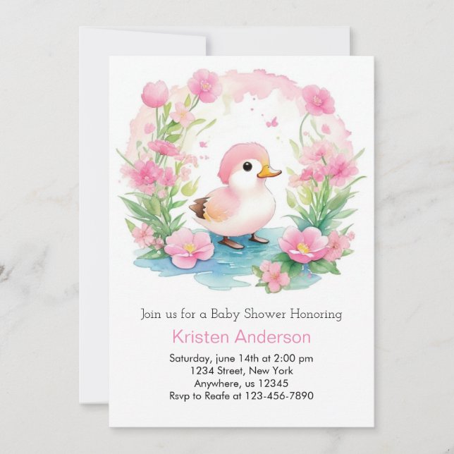 Invitation Aquarelle Canard rose Baby shower fille (Devant)