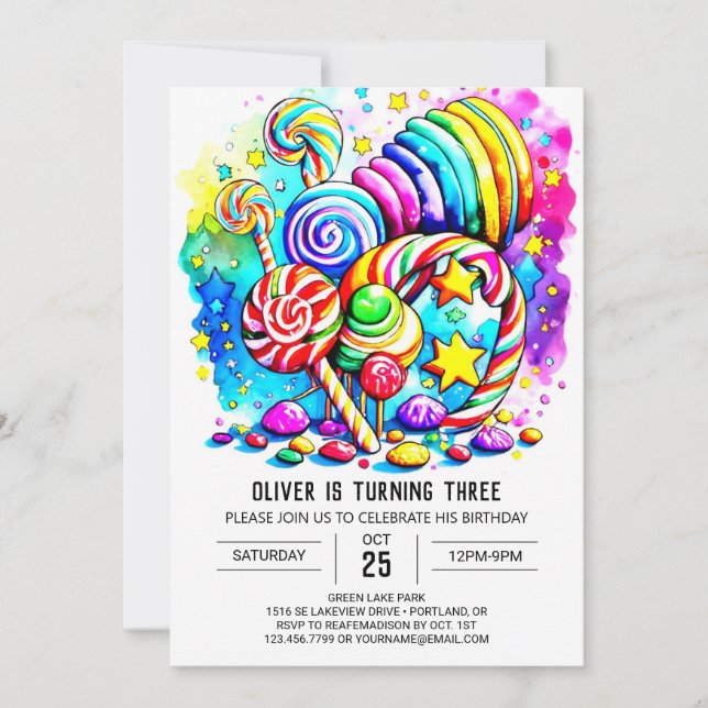 Invitation Aquarelle Candyland anniversaire (Devant)