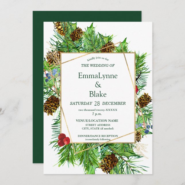 Invitation Aquarelle captivante Noël Mariage de verdure (Devant / Derrière)