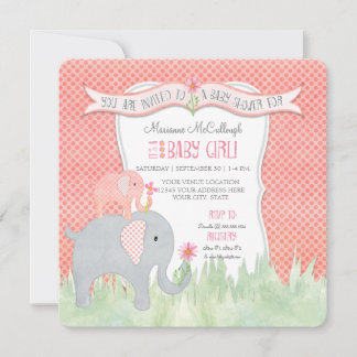 Invitation Aquarelle Carré mignonne fille Baby shower Eléphan