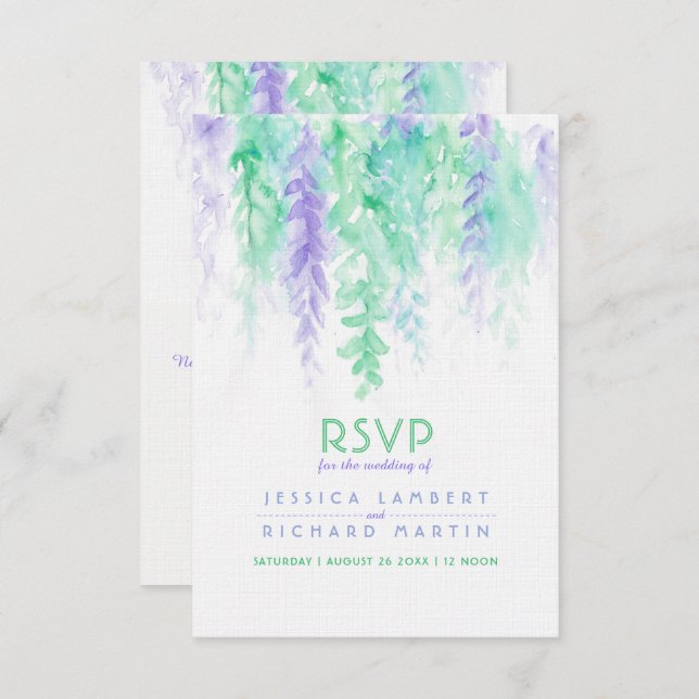 Invitation Aquarelle cascade vert violet mariage RSVP (Devant / Derrière)