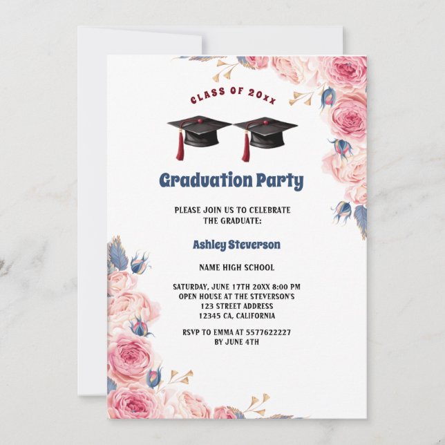 Invitation aquarelle casquette graduation florale (Devant)