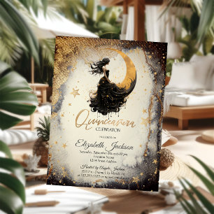 Invitation Aquarelle céleste fille lune étoiles Quinceanera