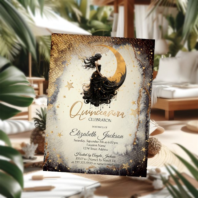Invitation Aquarelle céleste fille lune étoiles Quinceanera (Créateur téléchargé)