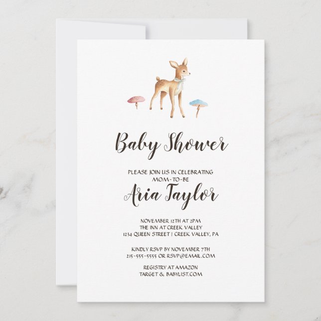 Invitation Aquarelle Cerf de Bébé sur Baby shower blanc (Devant)