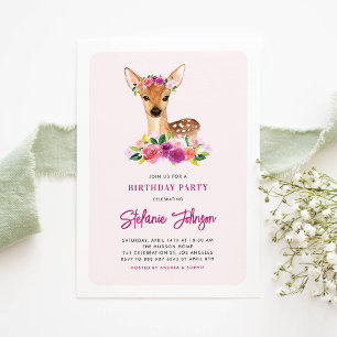 Invitation Aquarelle Cerf Fleurs pourpres Anniversaire
