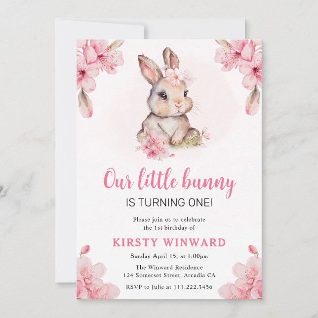 Invitation Aquarelle Cerise Fleurs Rabbit 1er Anniversaire (Devant)