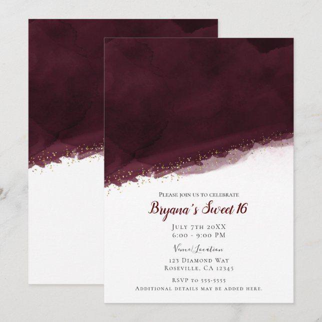 Invitation Aquarelle Cerise Noir Or Moderne Chic Douze Ans Su (Devant / Derrière)